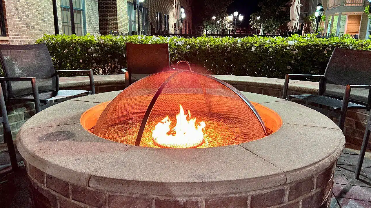 The outdoor fireplace at Residence Inn Savannah Downtown Historic District